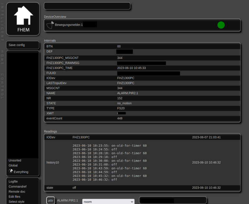 Screenshot des PRI Sensors mit UserReading History